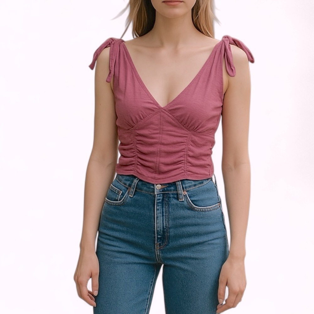 Free People | Tie Shoulder Crop Top Smocked Raspberry Pink Size Small Festival
